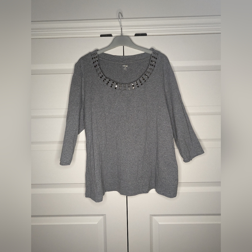 Style&Co Women 2X Top 3/4 Sleeve Gray Scoop Neck 100% Cotton Preowned